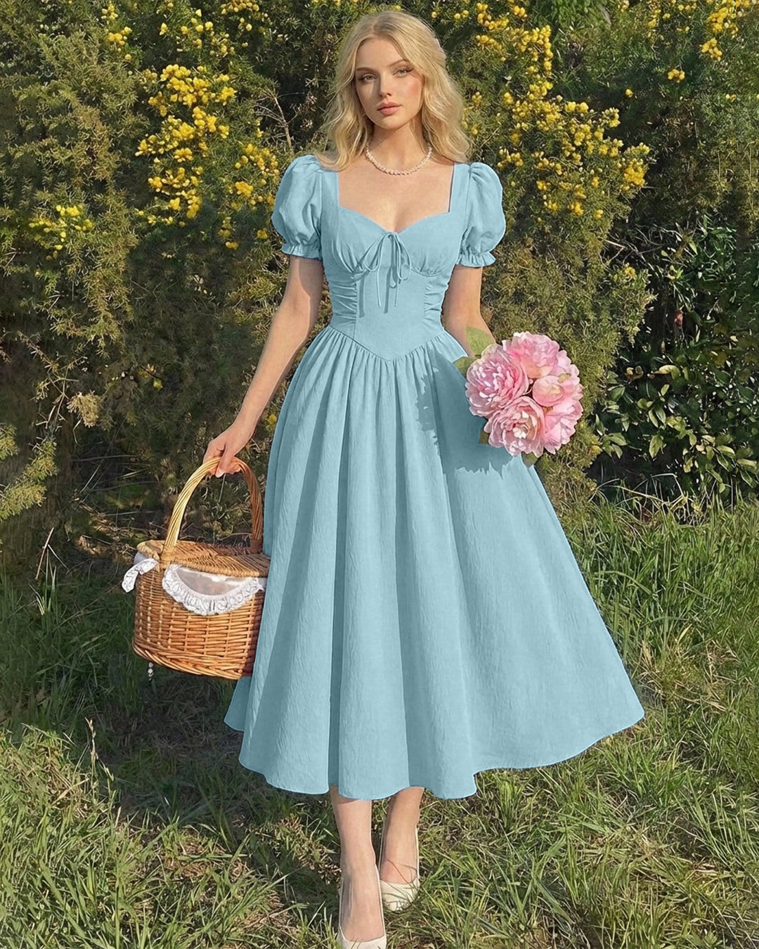 Ruched Sweetheart Neck Puff Sleeve Fit and Flare Dress In Baby Blue