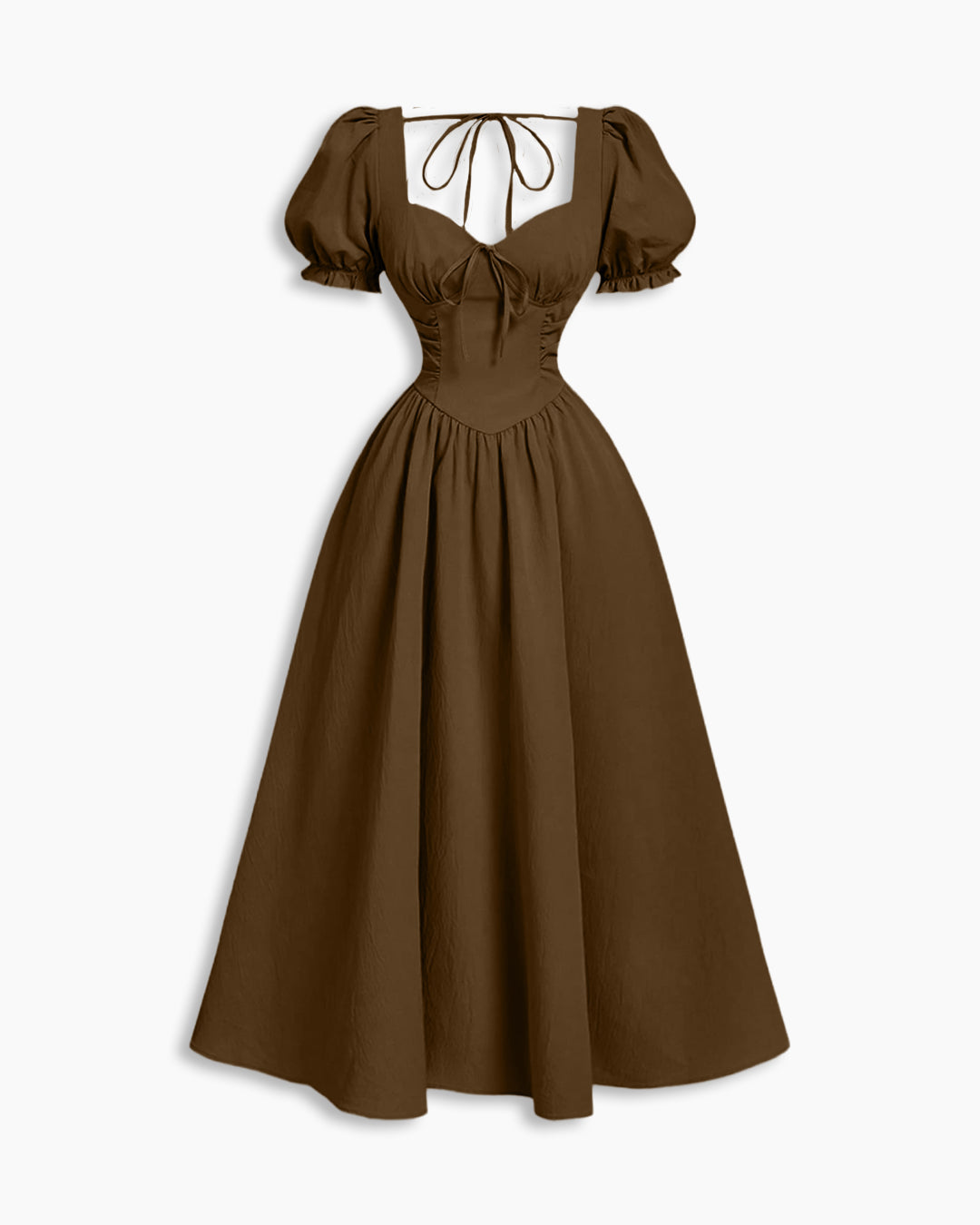 Ruched Sweetheart Neck Puff Sleeve Fit and Flare Dress In Espresso Brown