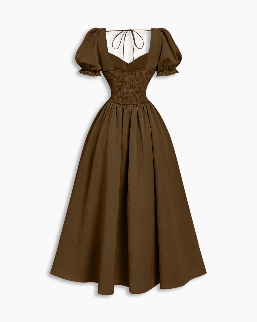 Ruched Sweetheart Neck Puff Sleeve Fit and Flare Dress In Espresso Brown