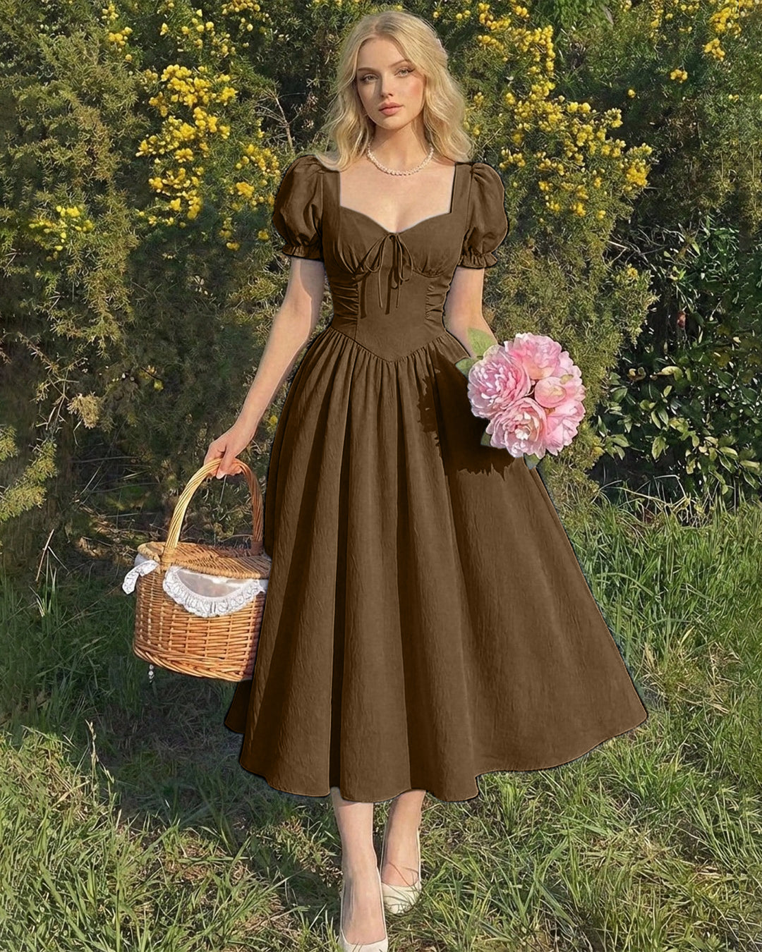 Ruched Sweetheart Neck Puff Sleeve Fit and Flare Dress In Espresso Brown