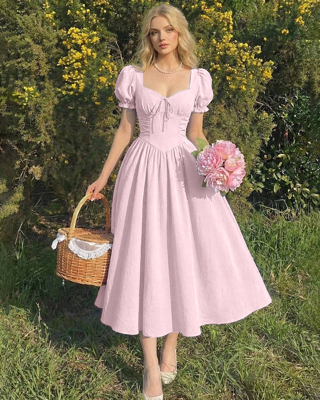 Ruched Sweetheart Neck Puff Sleeve Fit and Flare Dress In Baby Pink