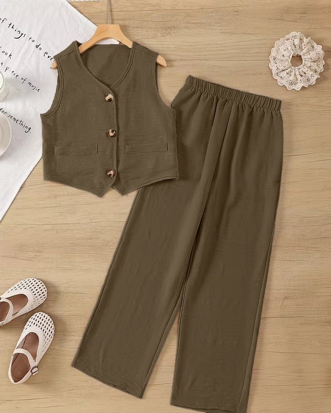 Button Front Vest Top and Straight Leg Pants Set In Coffee Brown