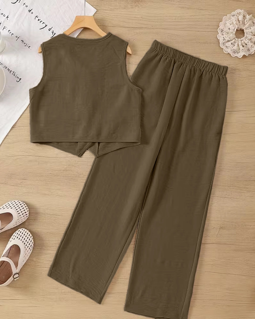 Button Front Vest Top and Straight Leg Pants Set In Coffee Brown