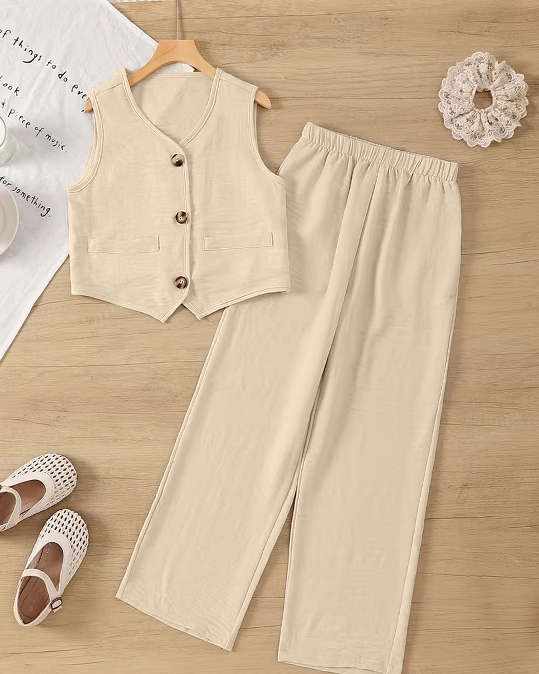 Button Front Vest Top and Straight Leg Pants Set In Warm Beige