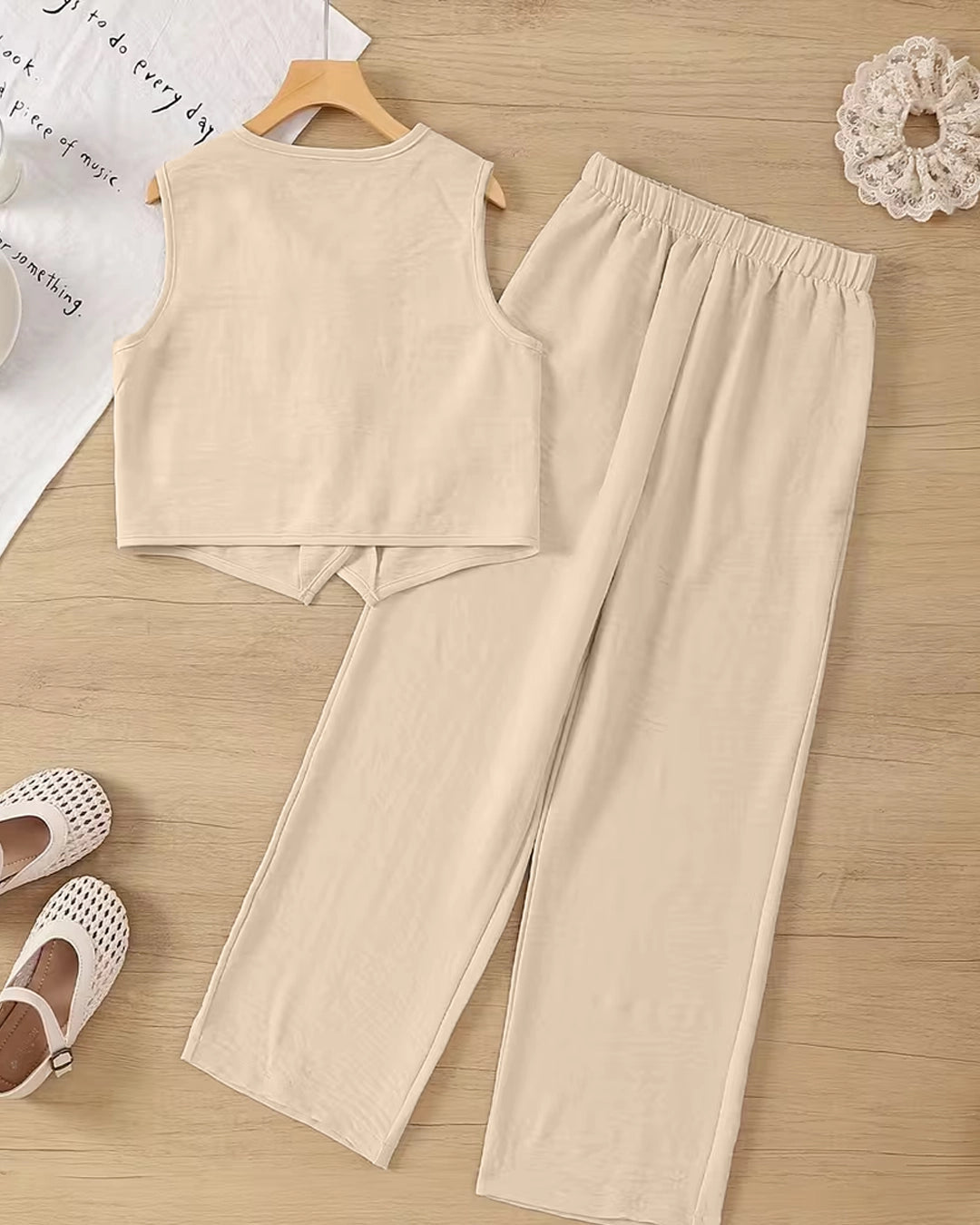 Button Front Vest Top and Straight Leg Pants Set In Warm Beige