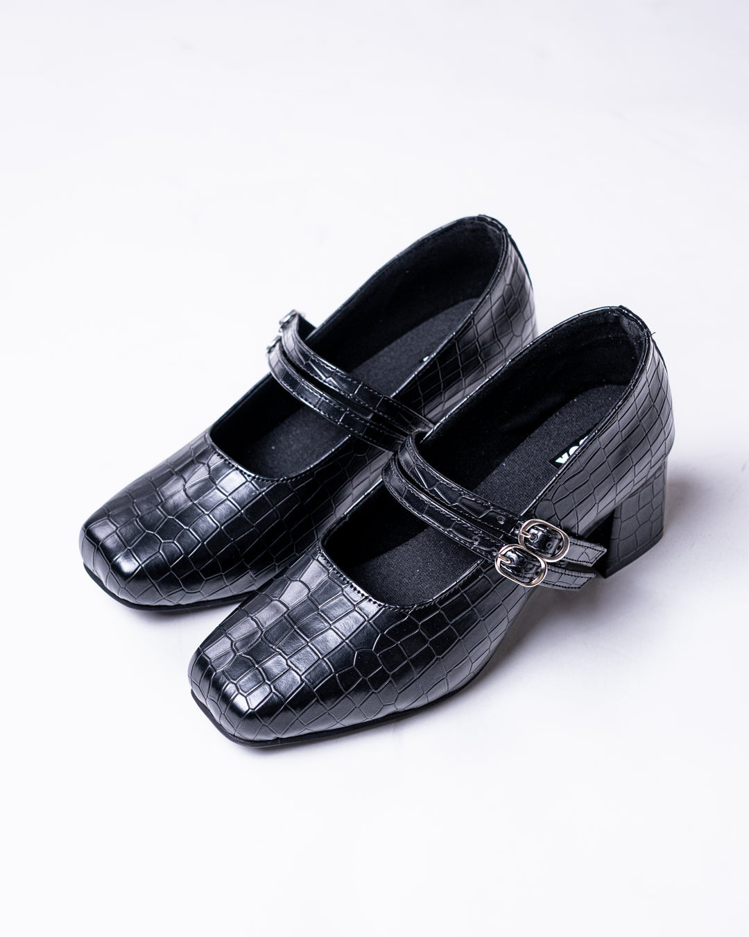 Double Buckle Strap Croc-Embossed Block Heel