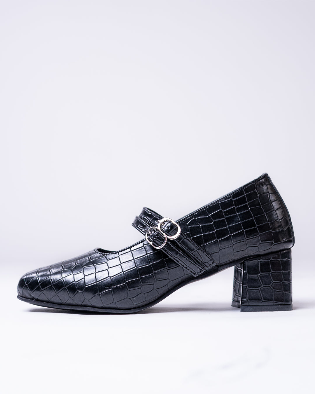 Double Buckle Strap Croc-Embossed Block Heel