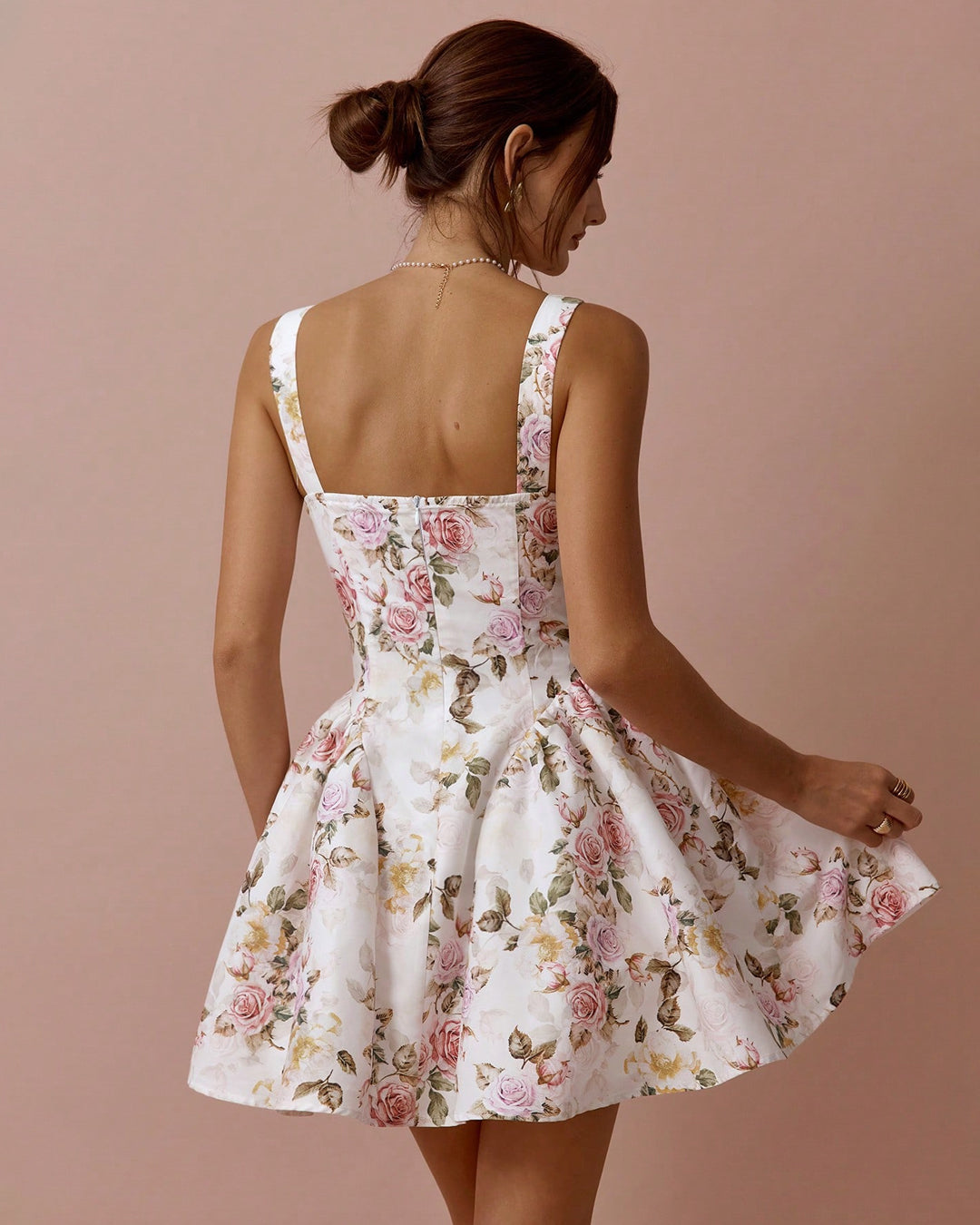 Floral Print Pleated Waist Mini Dress in Classic White