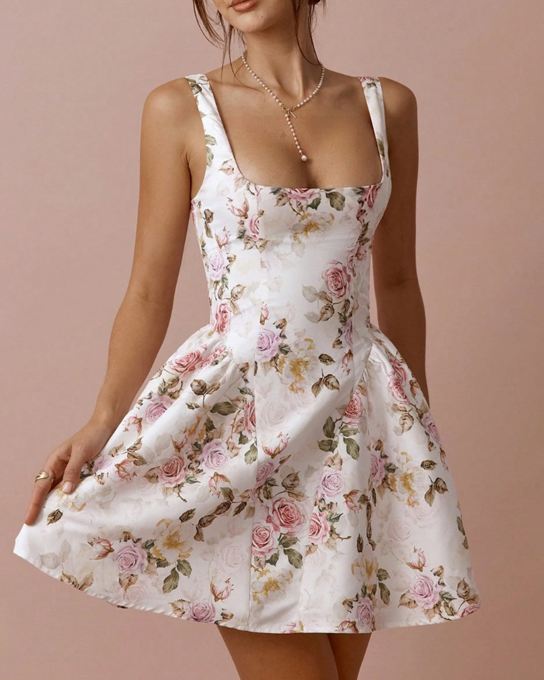 Floral Print Pleated Waist Mini Dress in Classic White