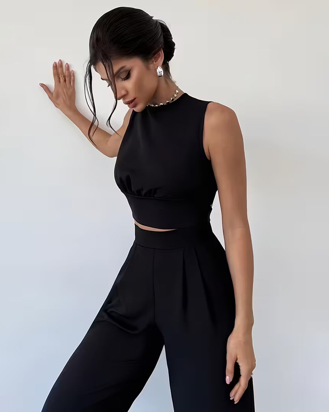 Backless Sleeveless Crop Top and Wide Leg Pants Set in Classic Black