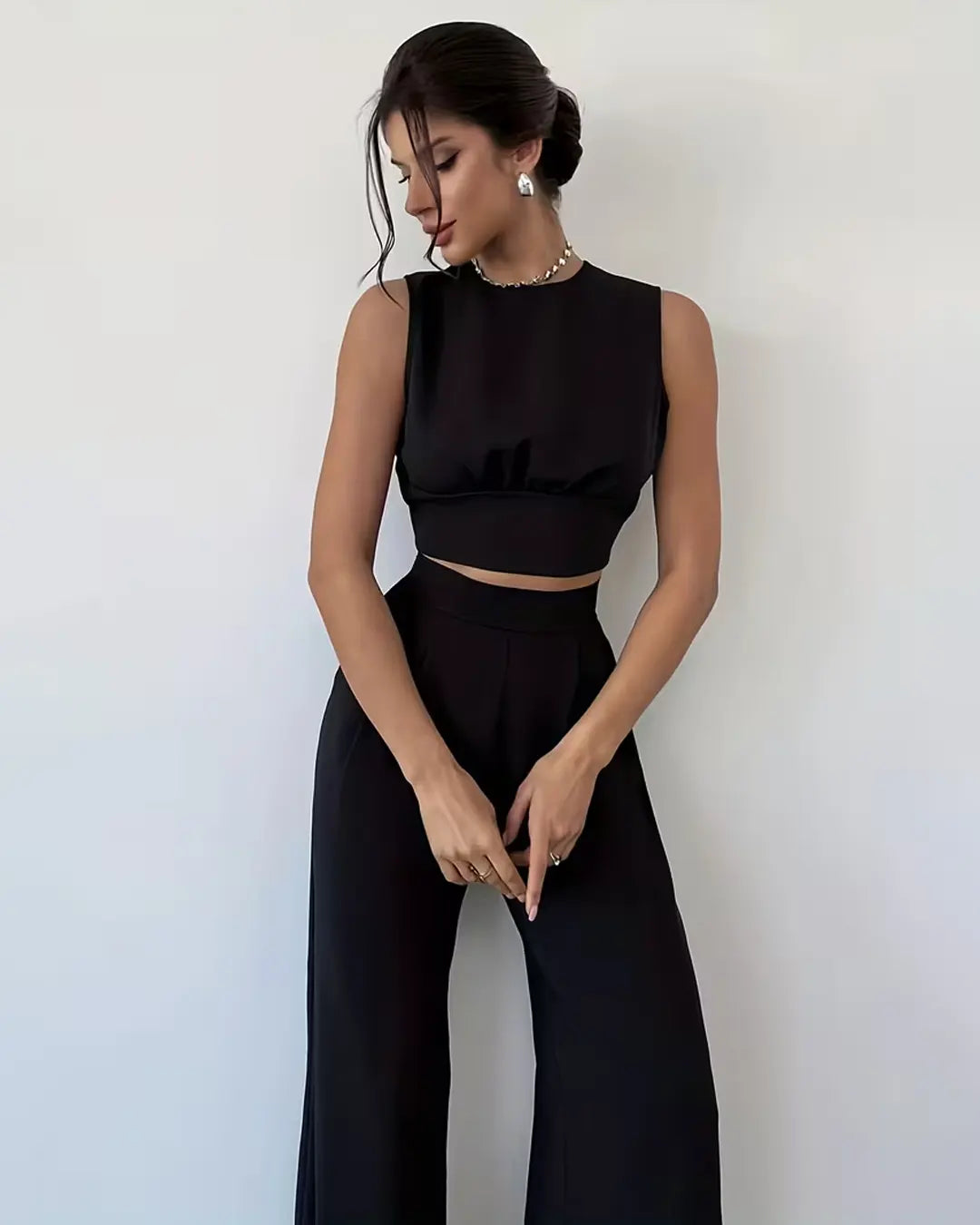 Backless Sleeveless Crop Top and Wide Leg Pants Set in Classic Black