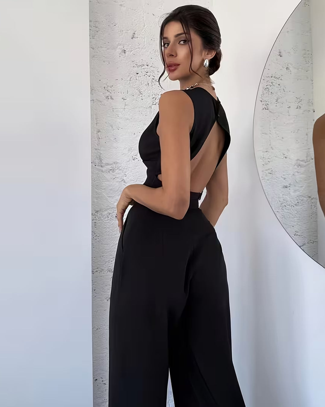 Backless Sleeveless Crop Top and Wide Leg Pants Set in Classic Black