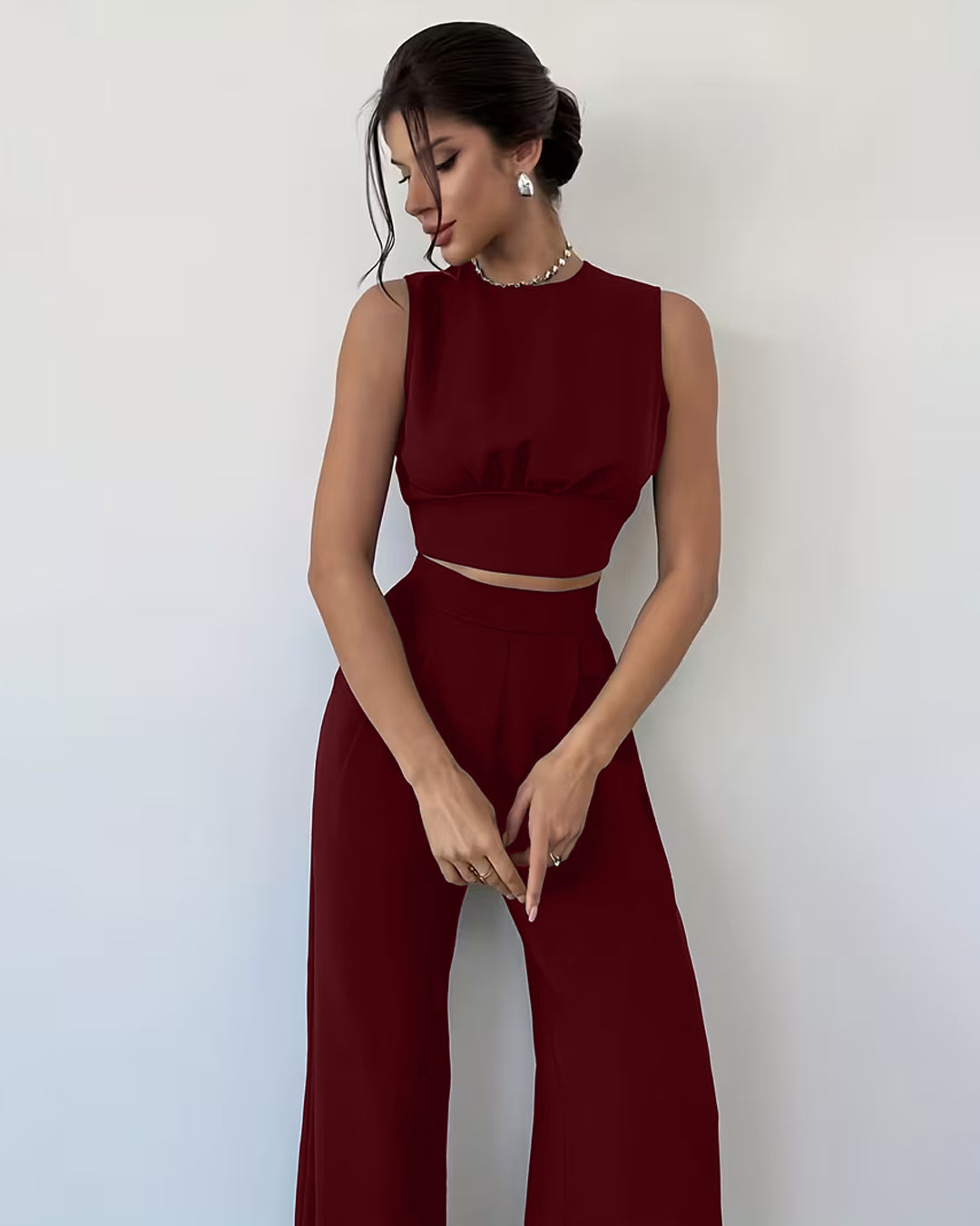 Backless Sleeveless Crop Top and Wide Leg Pants Set in Deep Maroon