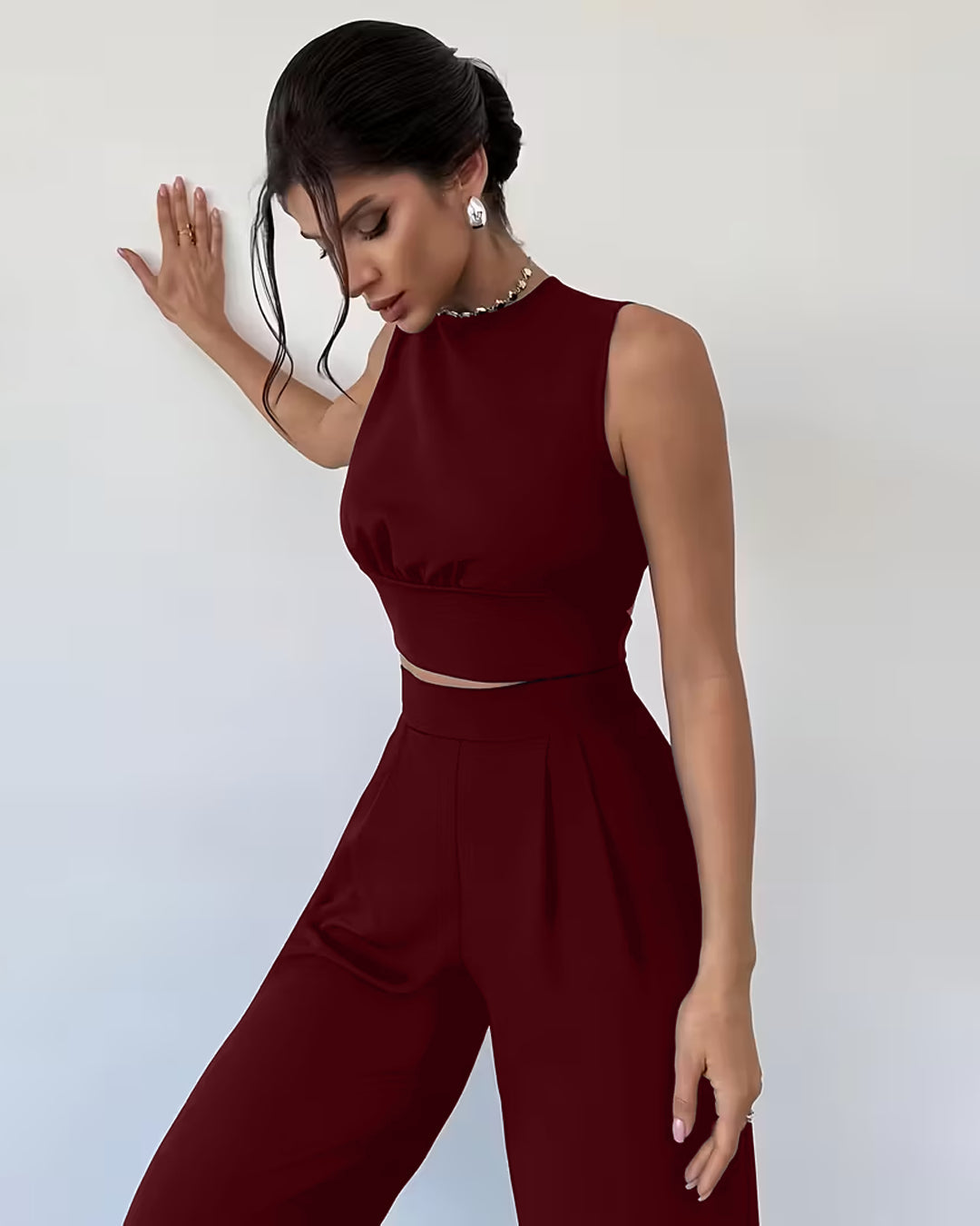 Backless Sleeveless Crop Top and Wide Leg Pants Set in Deep Maroon