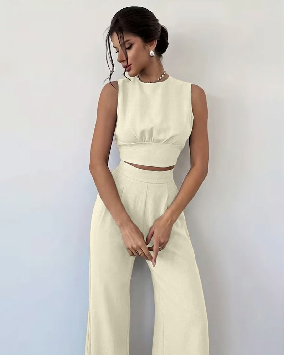 Backless Sleeveless Crop Top and Wide Leg Pants Set in Cream