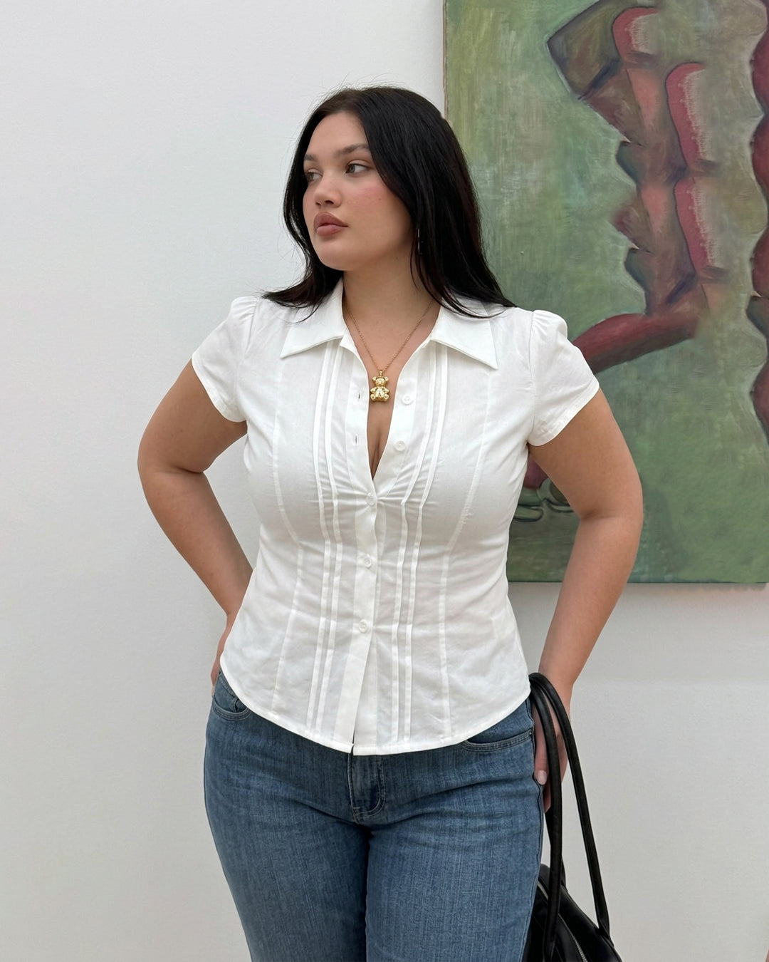 Collared Button Front Short Sleeve Shirt Curve and Plus in Classic White