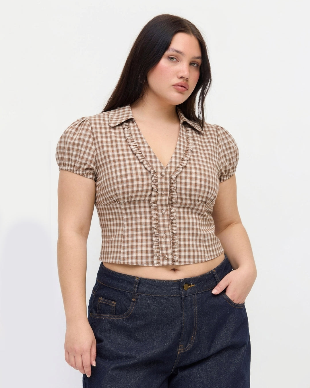 Checkered Collared Button Down Fitted Short Sleeve Top Curve & Plus In Tan Brown