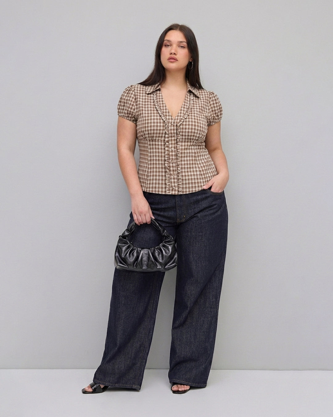 Checkered Collared Button Down Fitted Short Sleeve Top Curve & Plus In Tan Brown