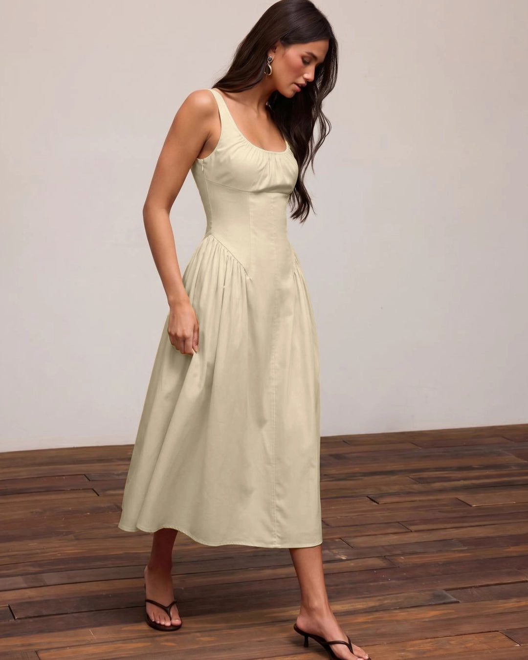 Scoop Neckline A-line Midi Dress in Cream