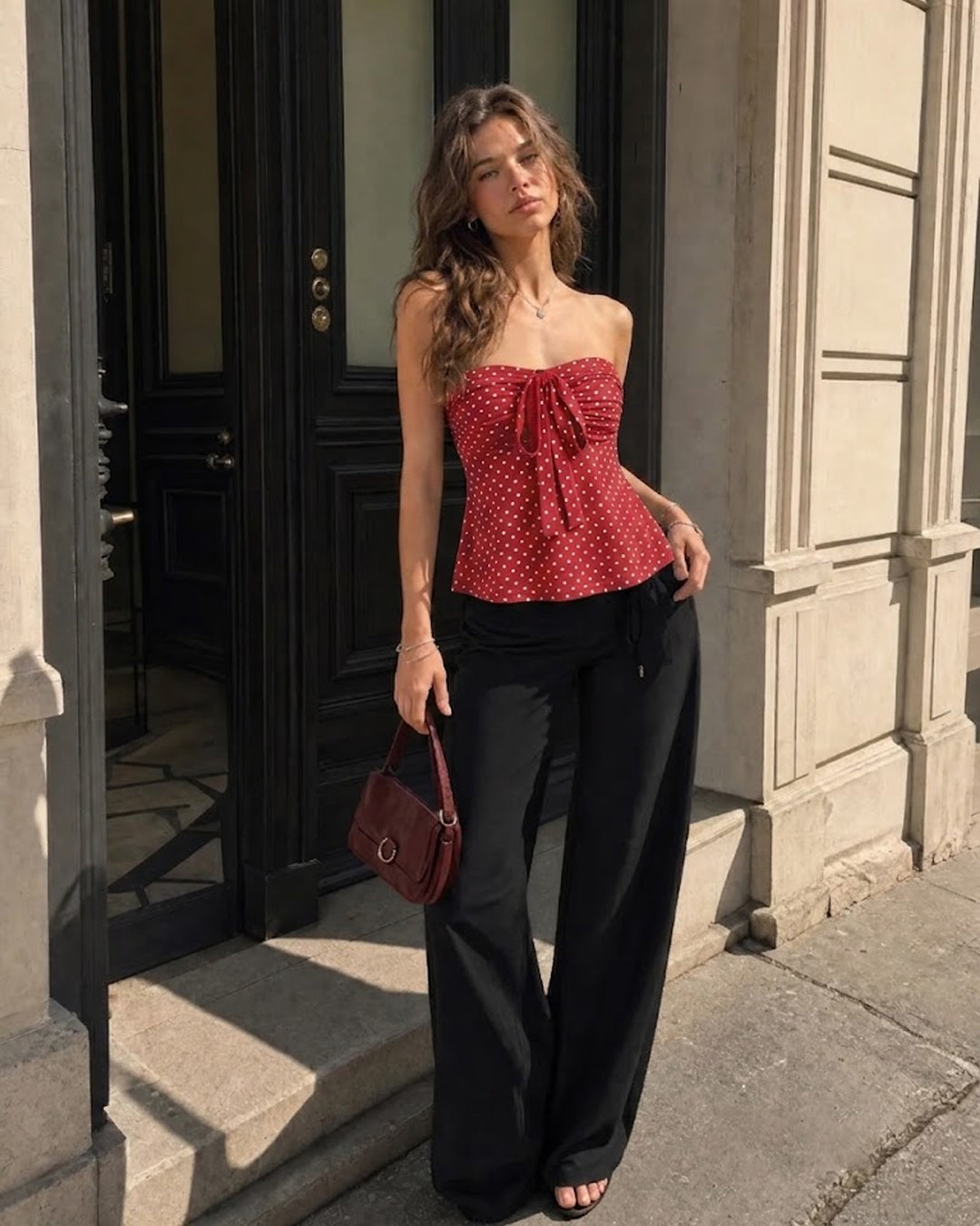 Strapless Ruched Polka Dot Tie-Up Top in Scarlet Red
