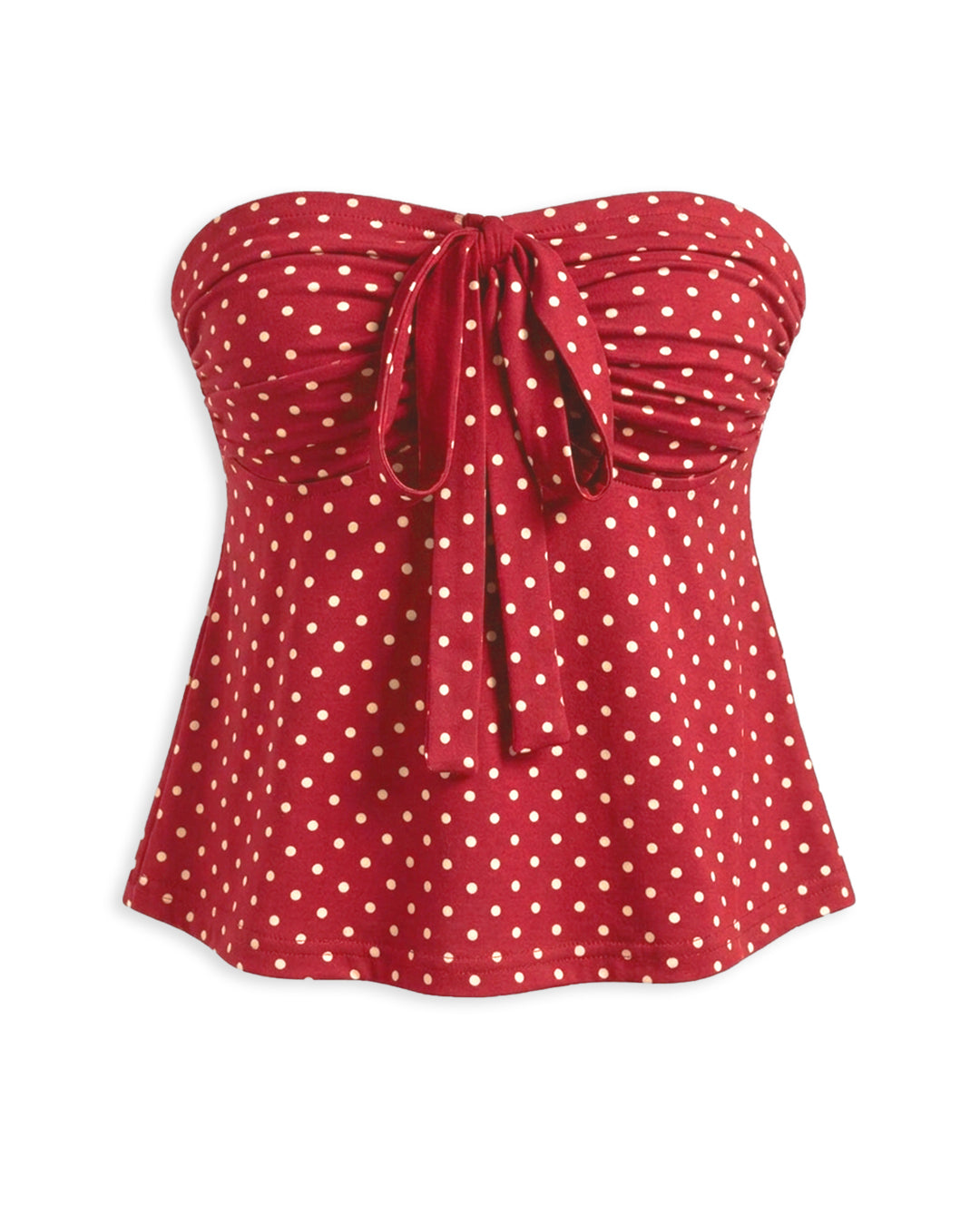 Strapless Ruched Polka Dot Tie-Up Top in Scarlet Red