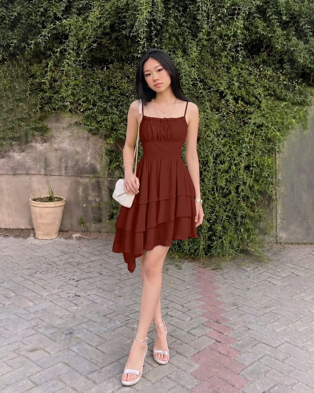 Tiered Sphaghetti Strap Fit and Flare Cami Mini Dress in Merlot