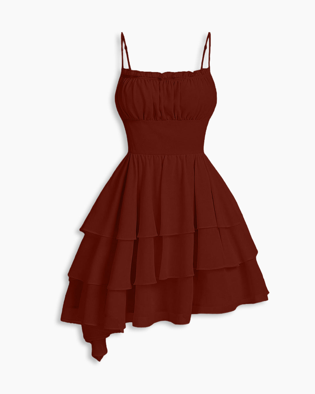 Tiered Sphaghetti Strap Fit and Flare Cami Mini Dress in Merlot