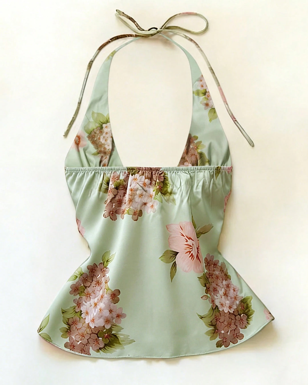 Ruched Satin Halter Top in Lime Green