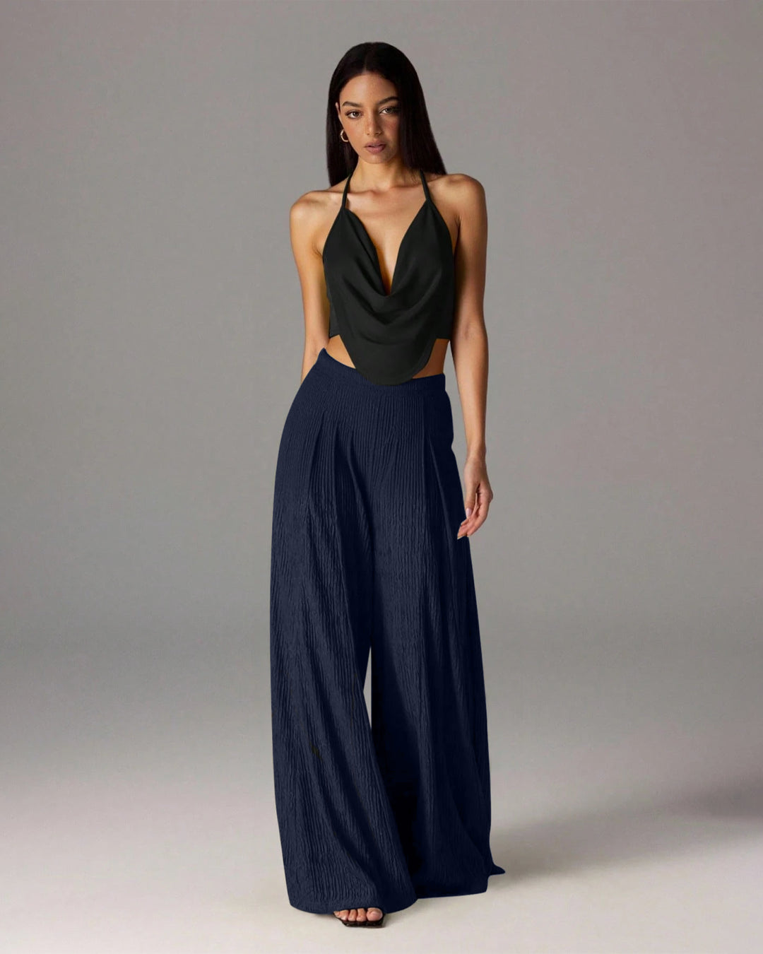 Wide-Leg Solid Trousers in Navy Blue