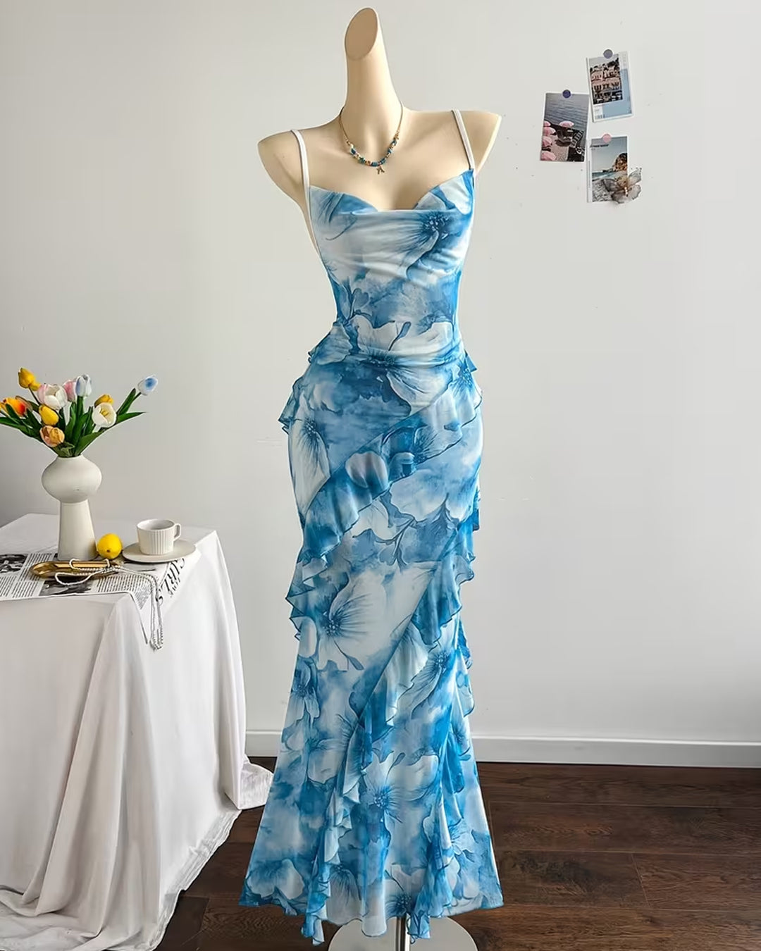 Ruffle Hem Floral Print Maxi Slip Dress