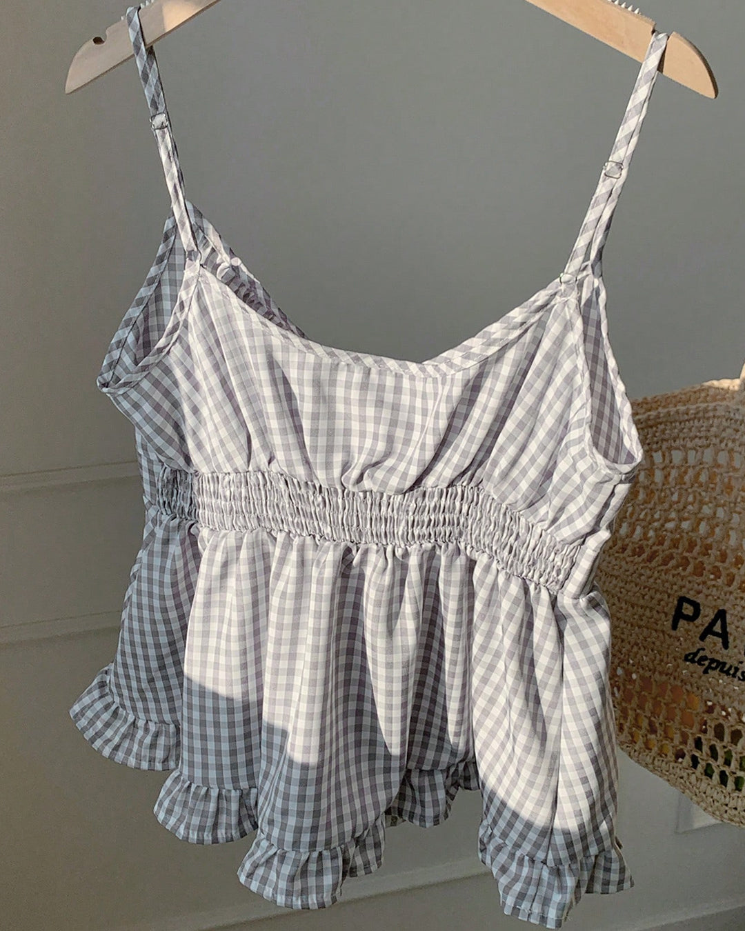 Ruffle Hem Gingham Cami Top in Ash Grey
