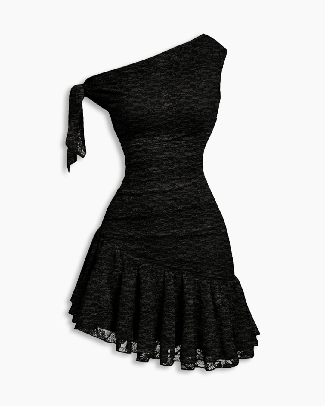 Ruffle Hem Asymmetrical Neck Mini Dress in Classic Black
