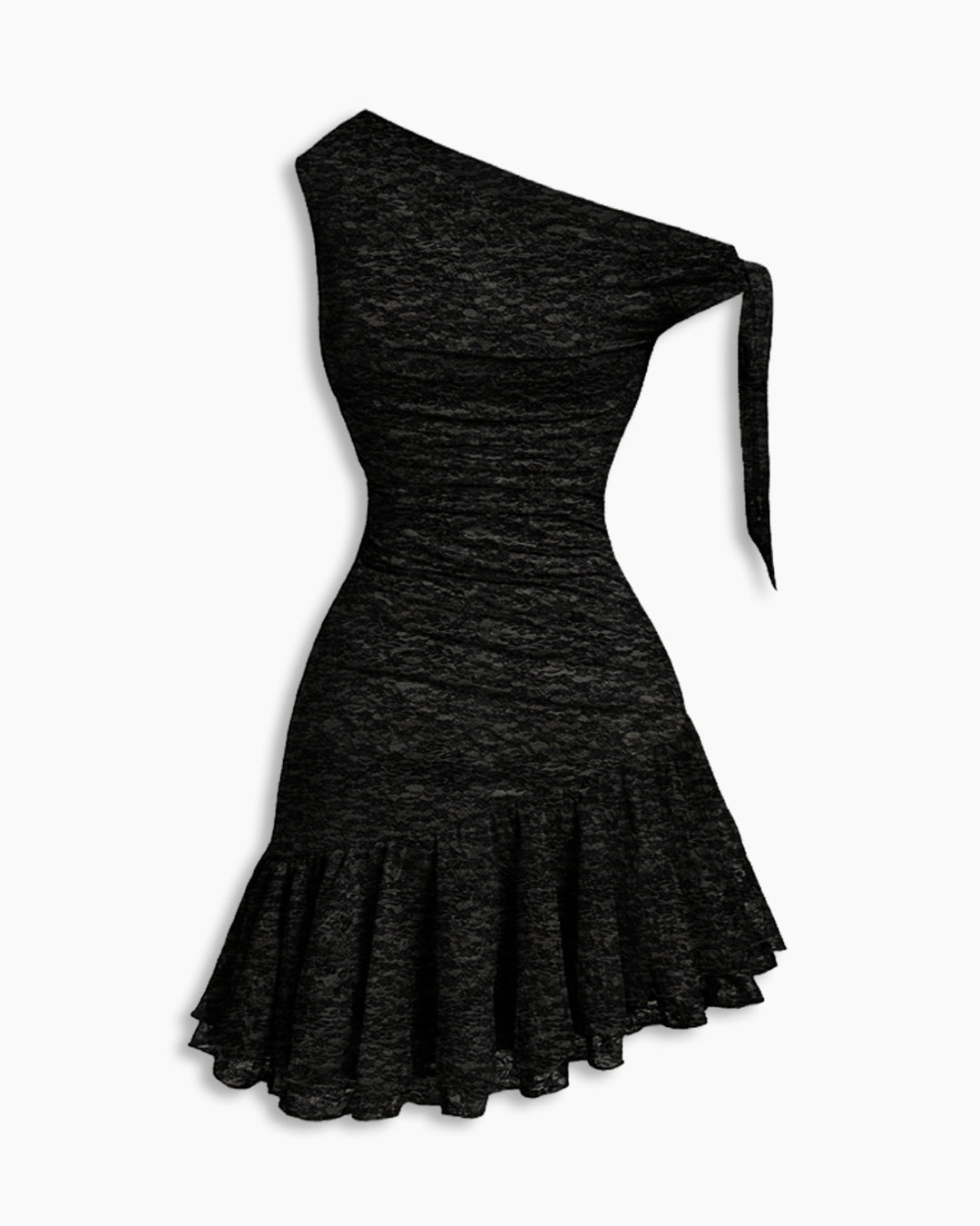 Ruffle Hem Asymmetrical Neck Mini Dress in Classic Black