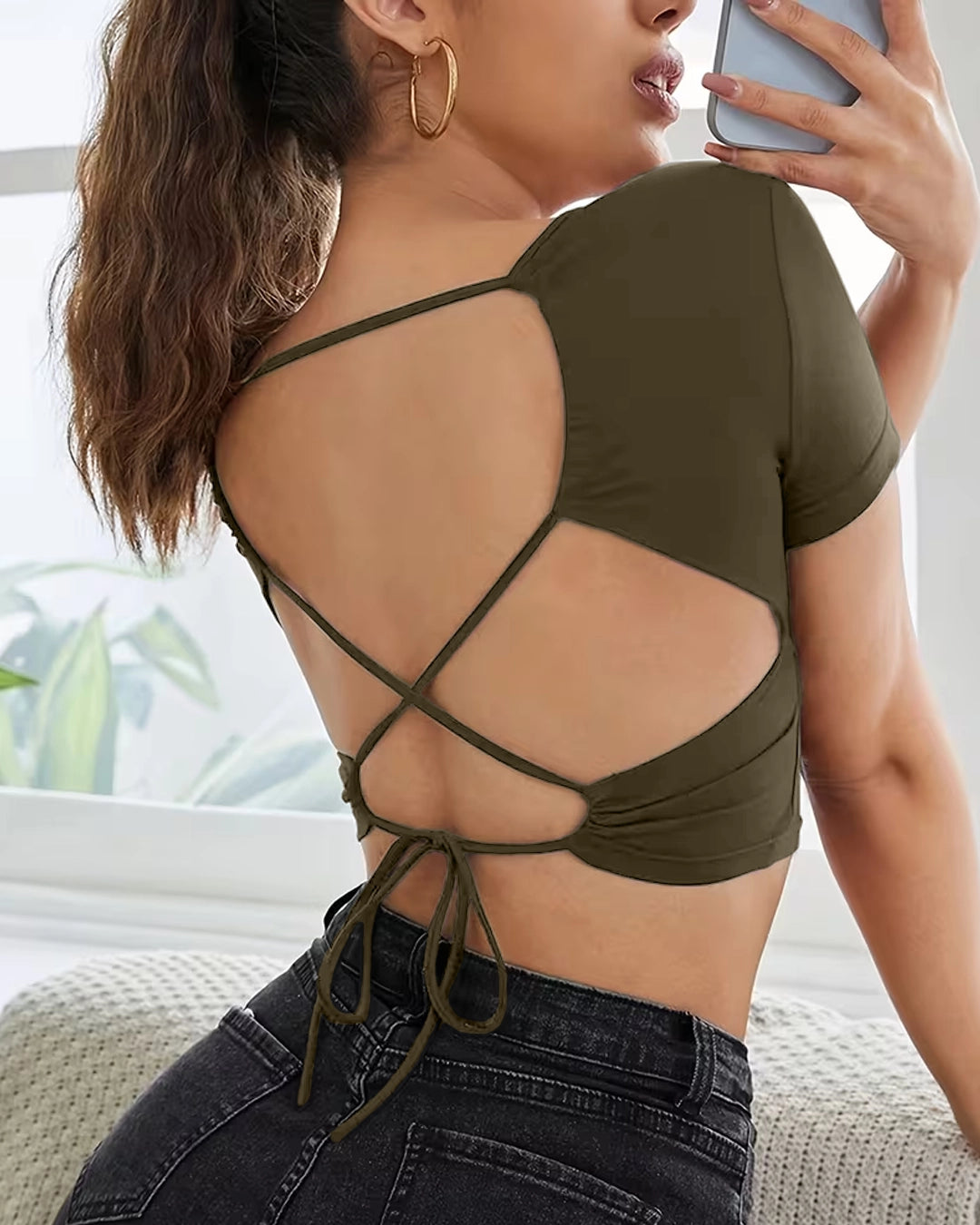 Open Back Tie Detail Short Sleeve Crop Top in Brown