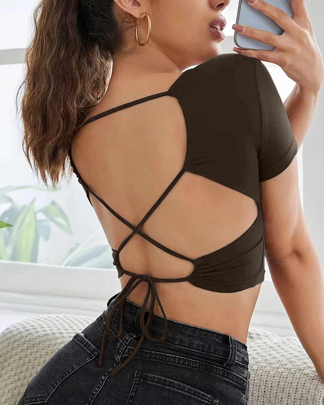 Open Back Tie Detail Short Sleeve Crop Top in Chocolate Brown
