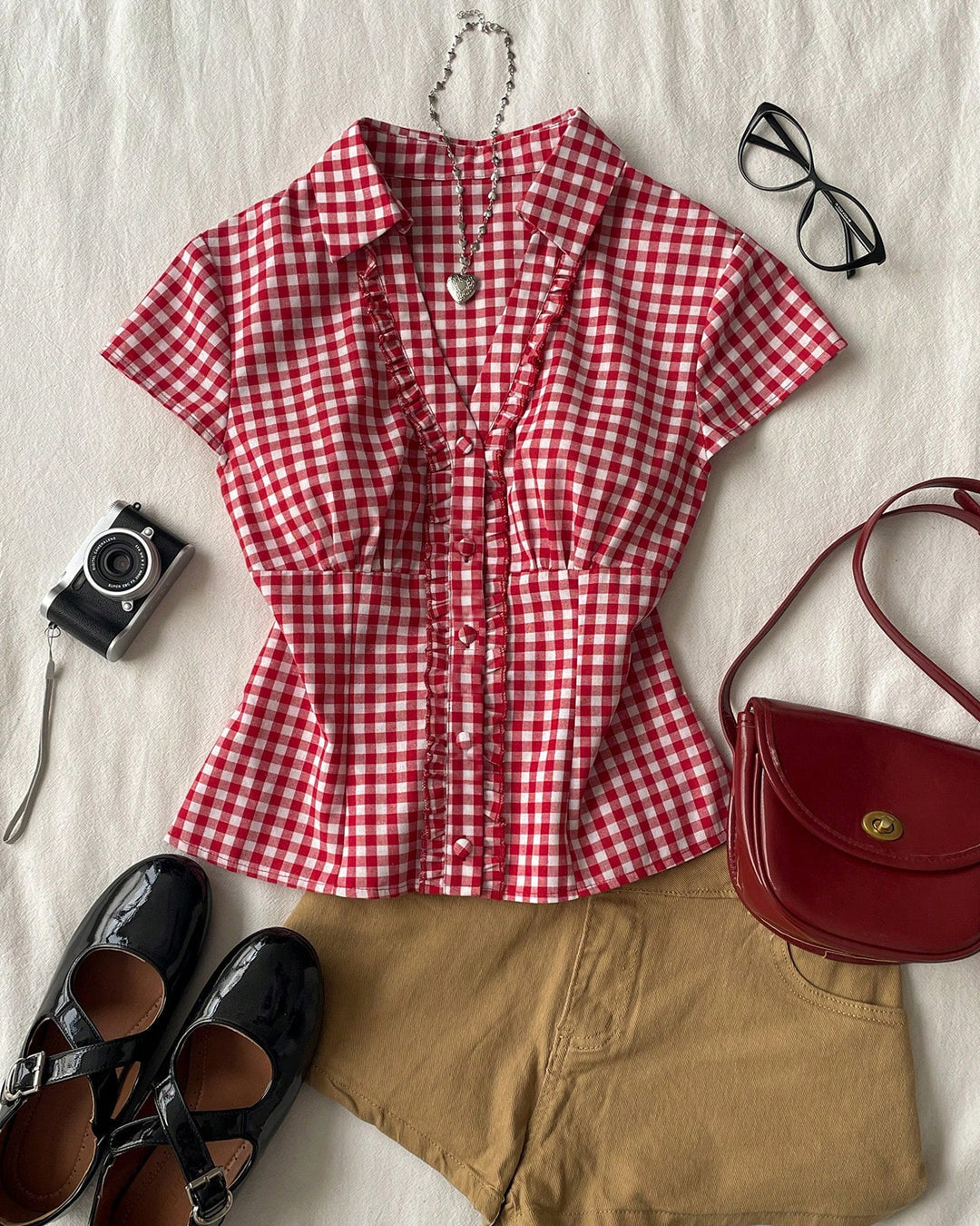 Ruffle Trim Collar Neck Shirt Top in Classic Red and Classic White
