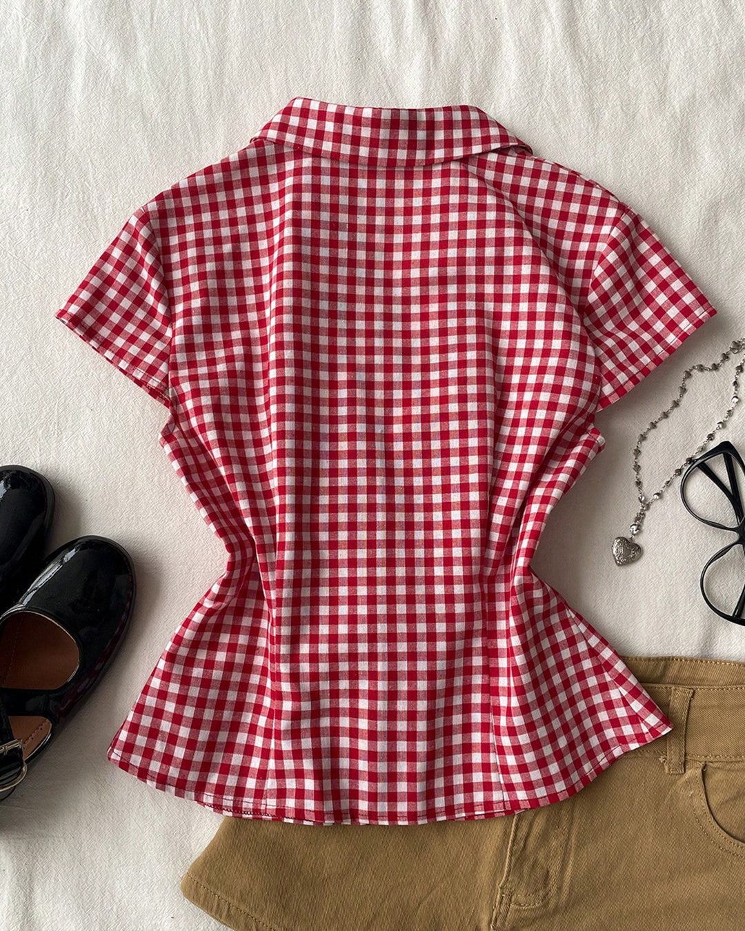 Ruffle Trim Collar Neck Shirt Top in Classic Red and Classic White