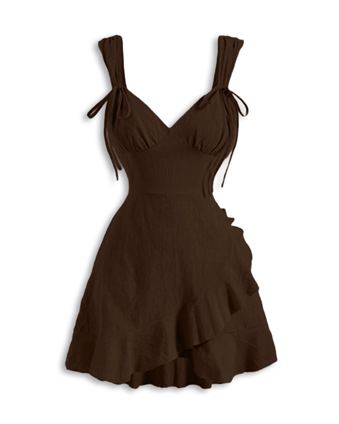 V Neck Tie Strap Ruffle Hem Mini Dress  Curve & Plus In Chocolate Brown