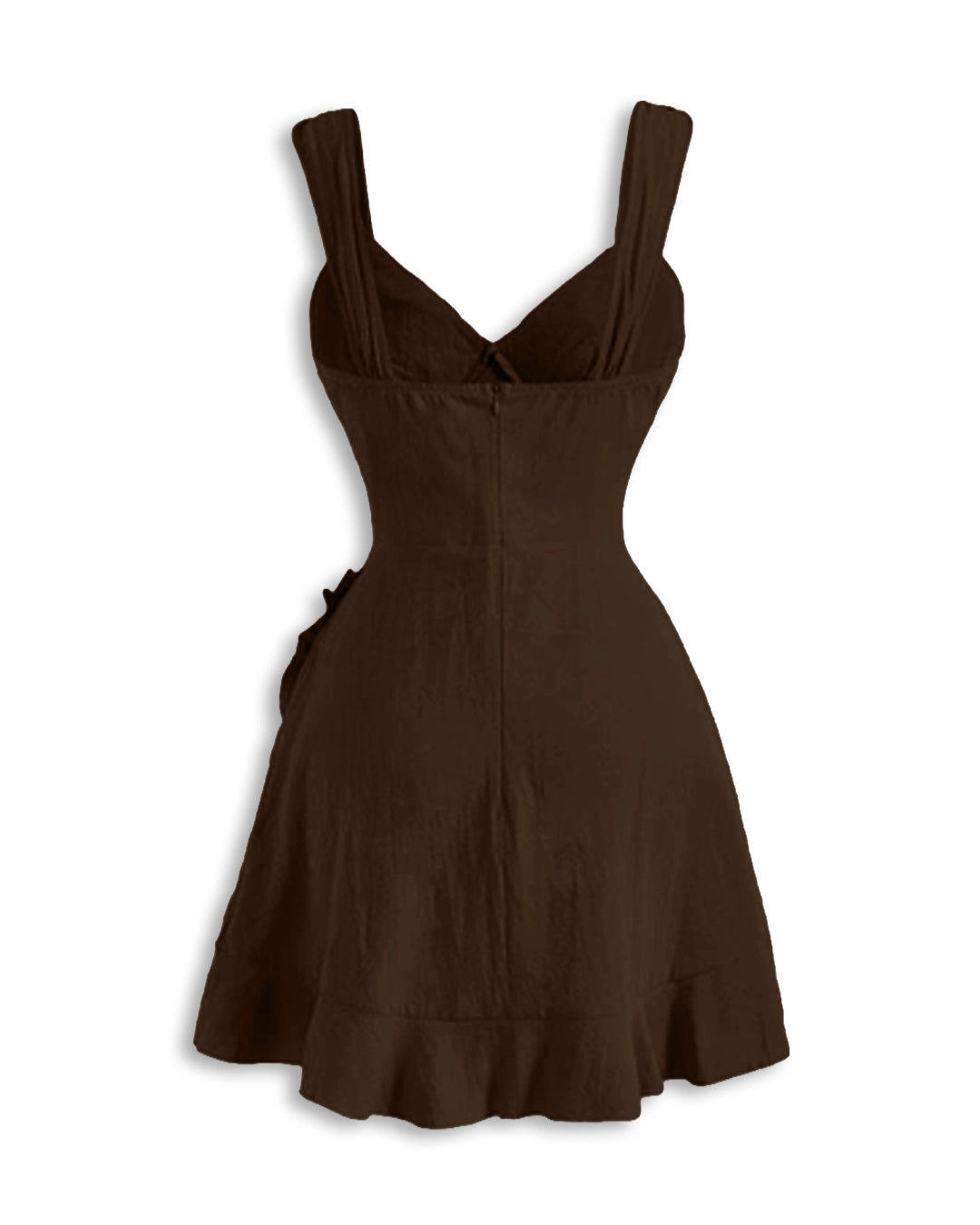 V Neck Tie Strap Ruffle Hem Mini Dress  Curve & Plus In Chocolate Brown