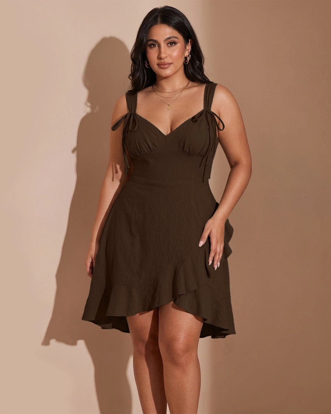 V Neck Tie Strap Ruffle Hem Mini Dress  Curve & Plus In Chocolate Brown