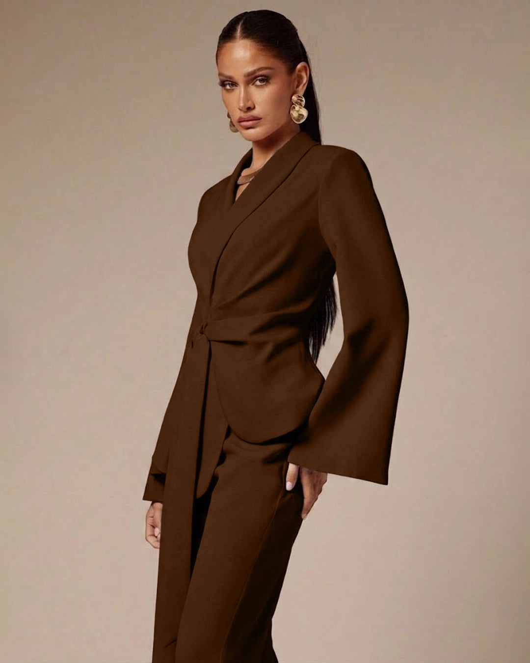 Wrap Front Tie Waist Full Sleeve Waistcoat in Chocolate Brown