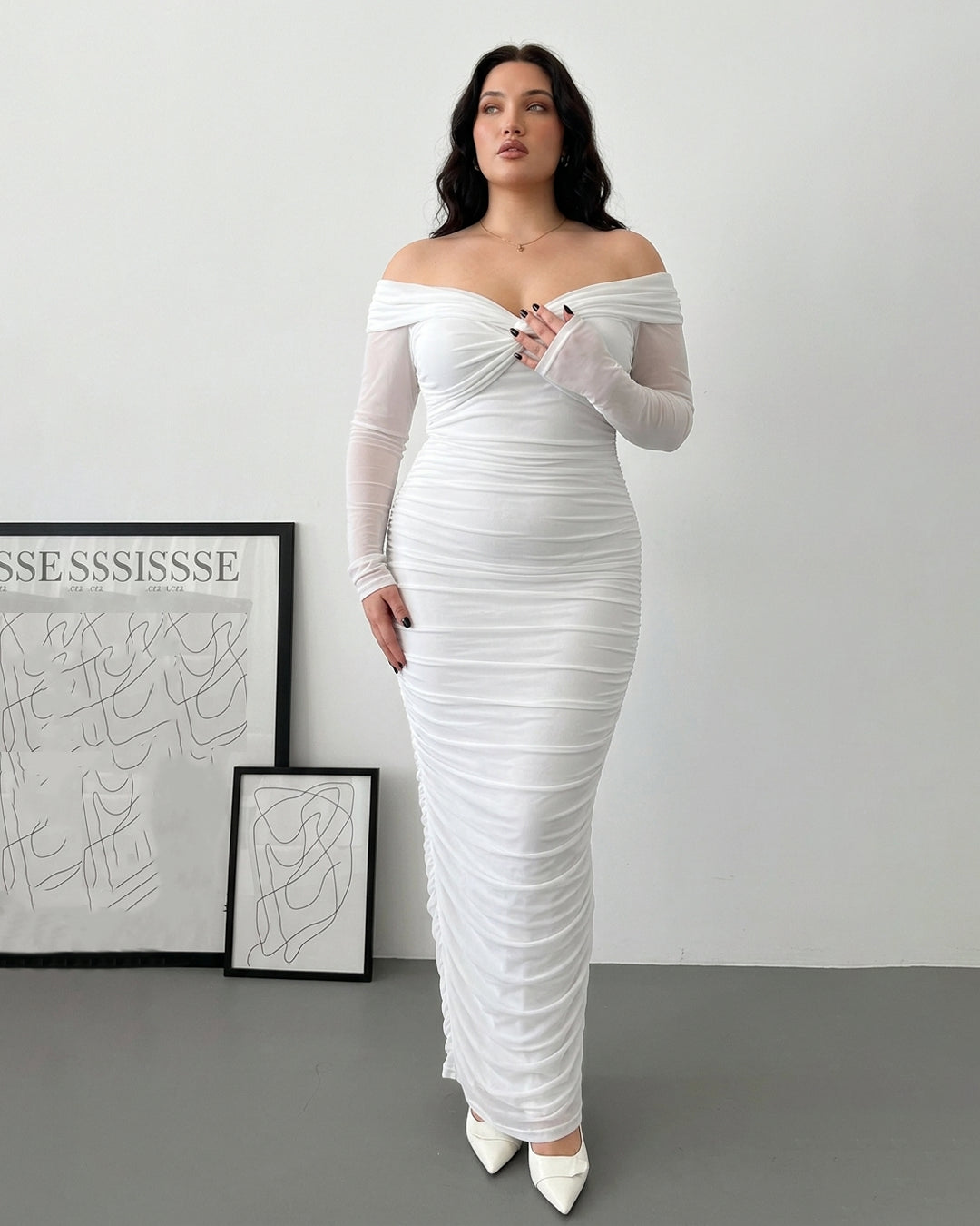 Off Shoulder Mesh Ruched Fitted Dress With Long Sleeve Curve & Plus in Classic White