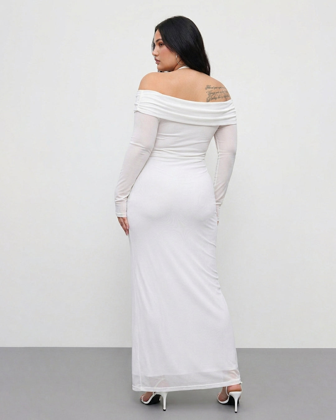 Off Shoulder Mesh Ruched Fitted Dress With Long Sleeve Curve & Plus in Classic White