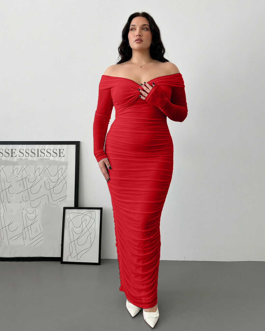 Off Shoulder Mesh Ruched Fitted Dress With Long Sleeve Curve & Plus In Bright Red