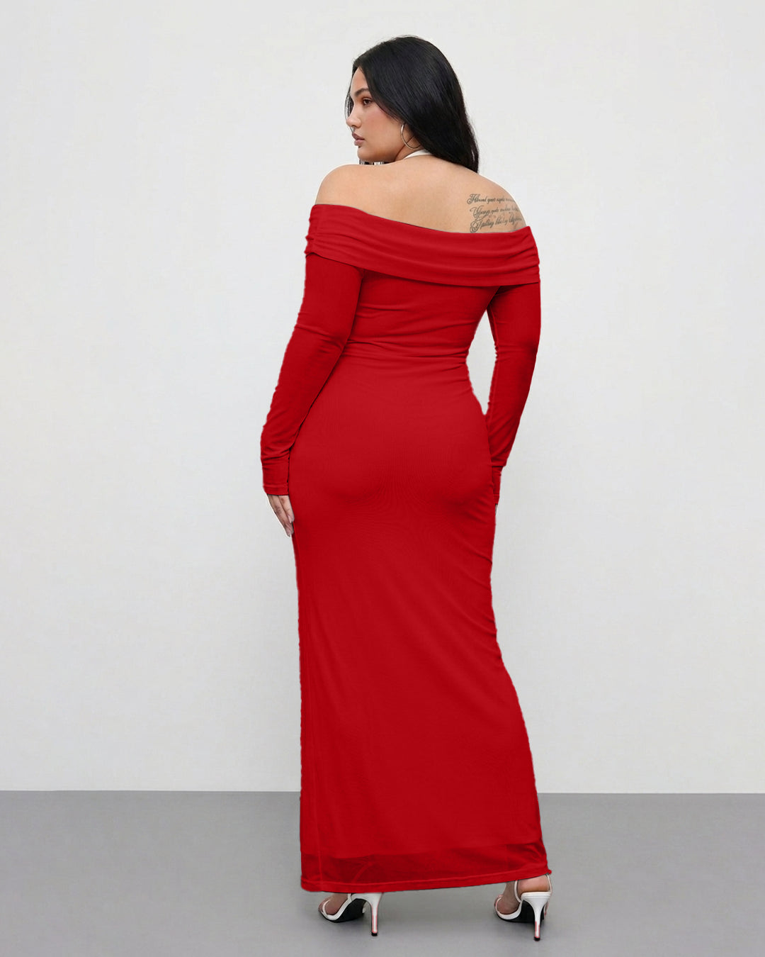 Off Shoulder Mesh Ruched Fitted Dress With Long Sleeve Curve & Plus In Bright Red