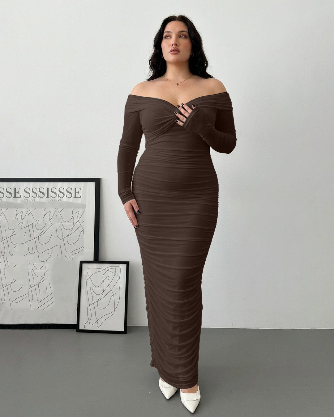 Off Shoulder Mesh Ruched Fitted Dress With Long Sleeve in Cocoa Brown
