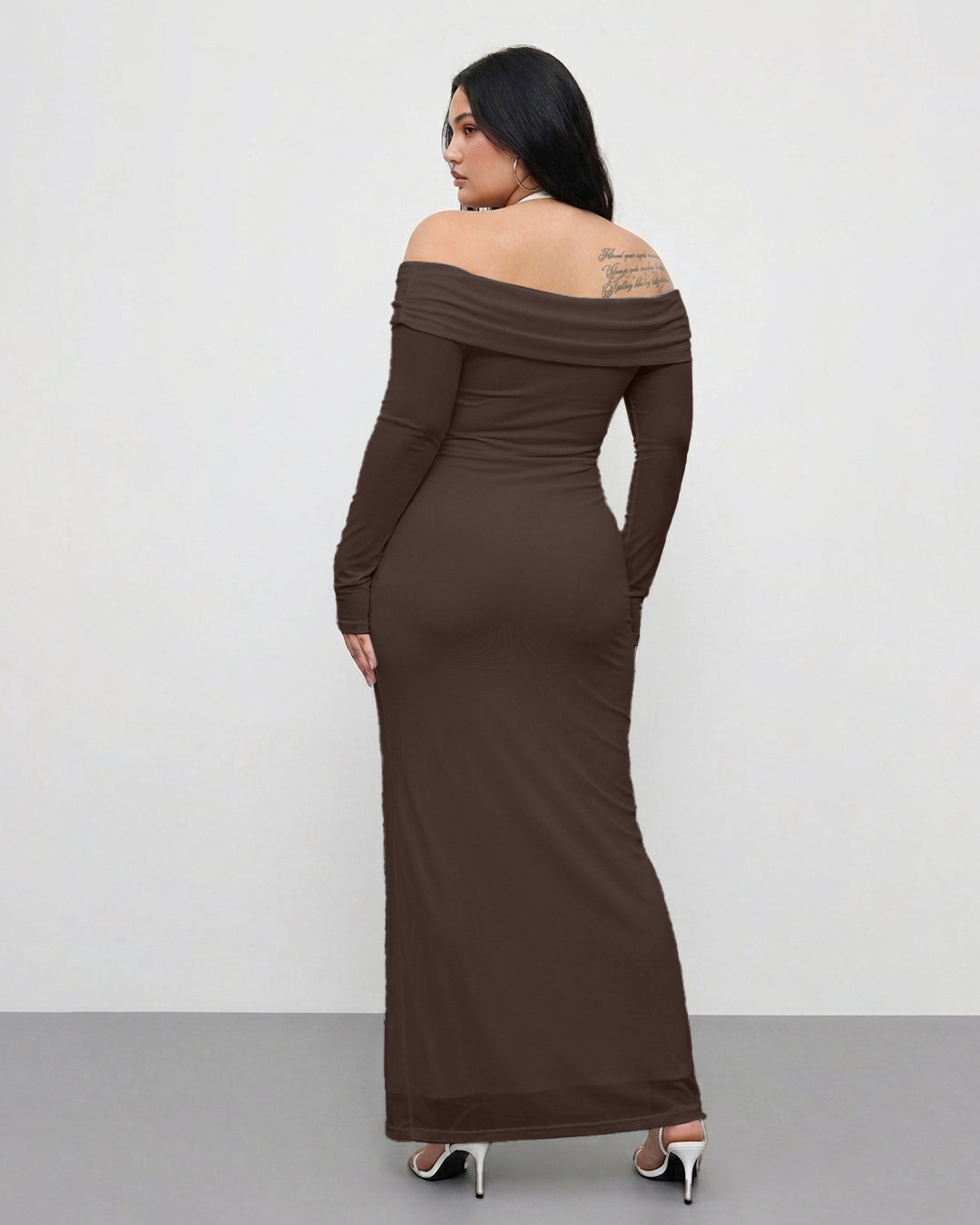 Off Shoulder Mesh Ruched Fitted Dress With Long Sleeve in Cocoa Brown