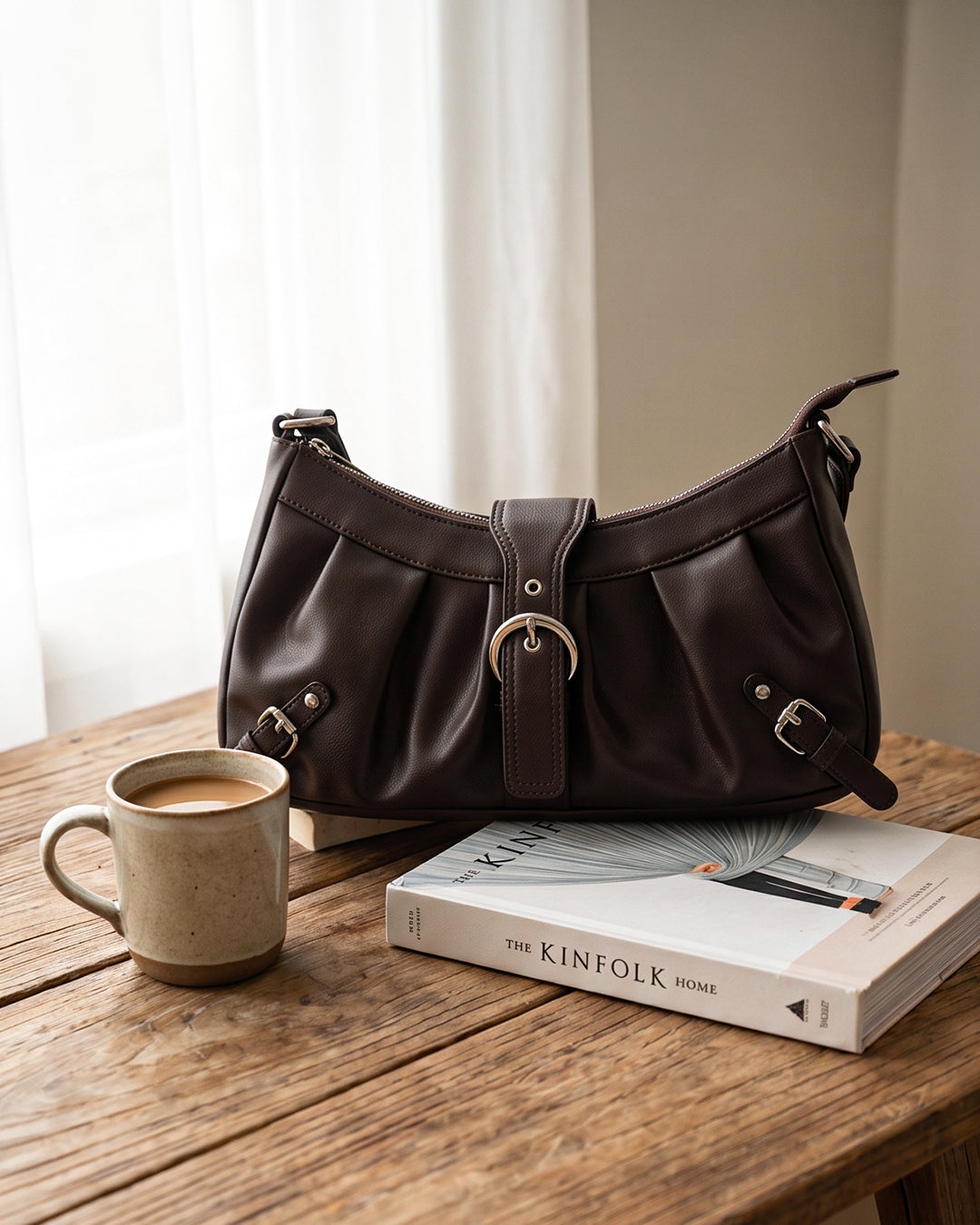 Pleated Zip Closure Shoulder Bag in Cocoa Brown