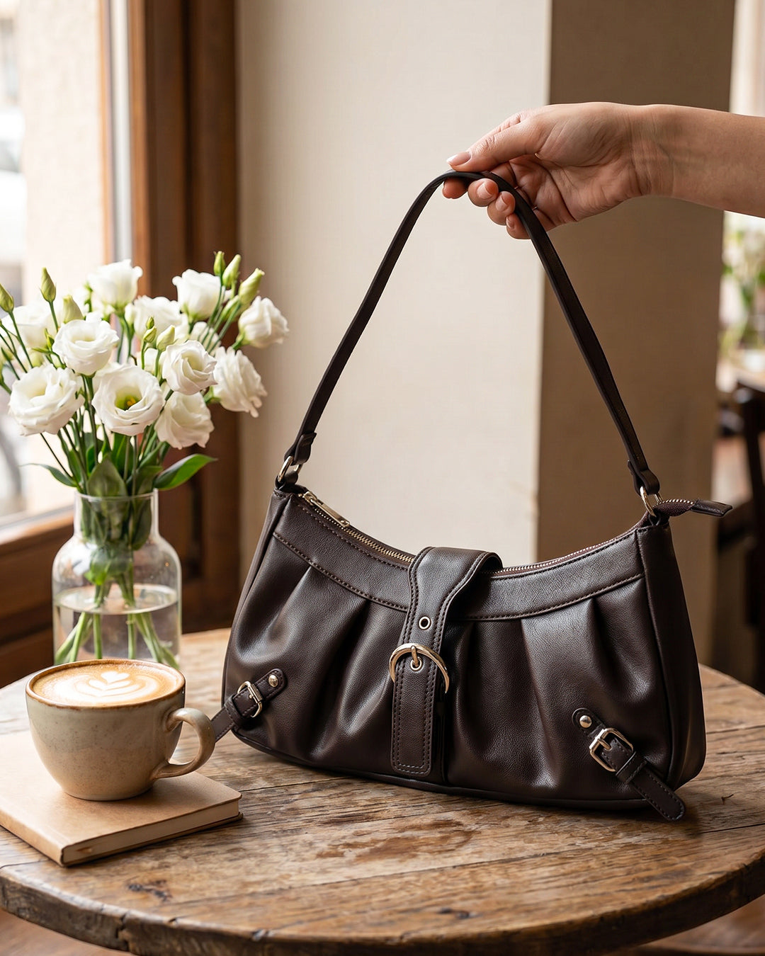 Pleated Zip Closure Shoulder Bag in Cocoa Brown