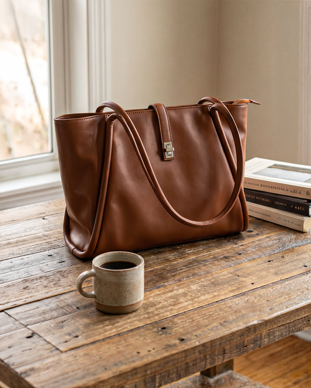 Minimalist Turn Lock Tote Bag in Rust Brown